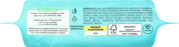 Tył turkusowego opakowania chusteczek nawilżanych z listą składników, symbolami recyklingu i certyfikatem FSC.