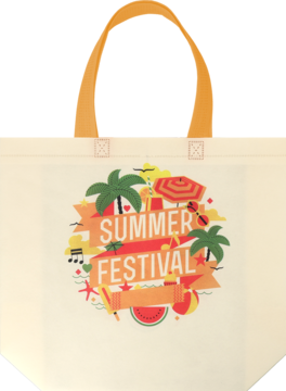 Ekologiczna torba wielorazowa w kolorze kremowym z jaskrawym nadrukiem "SUMMER FESTIVAL" i letnimi motywami.