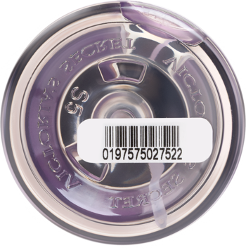 Widok z góry fioletowego opakowania Victoria's Secret z odblaskową pokrywką. Widoczny kod kreskowy 0197575027522.