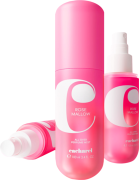 cacharel Rose Mallow mgiełka perfumowana. Dwie stojące, różowe butelki spray, jedna leży na boku.