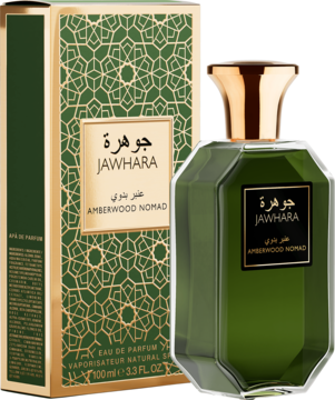 Jawhara Amberwood Nomad orientalna woda perfumowana, zielona butelka i pudełko z arabskim wzorem.