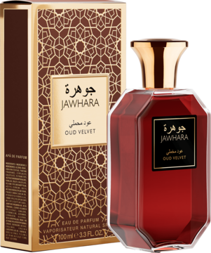 Woda perfumowana Jawhara Oud Velvet 100ml w czerwono-brązowej butelce i ozdobnym pudełku, widok z przodu.