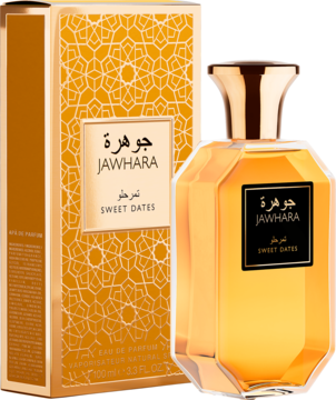 Złota butelka Jawhara Sweet Dates EDP z czarną etykietą, obok pudełka z arabskim wzorem. Widok pod kątem.