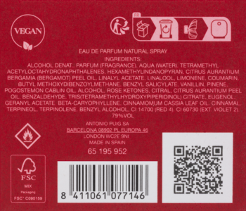 Tył czerwonego opakowania wegańskich perfum Antonio Puig, z listą składników, kodem kreskowym i QR code.