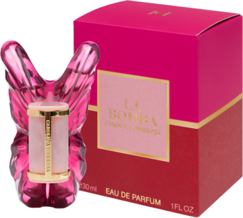 Perfumy Carolina Herrera La Bomba: różowy flakon w kształcie motyla obok intensywnie różowego opakowania EDP 30ml.