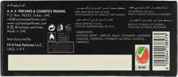 Tył czarnego opakowania perfum z listą składników, kodem kreskowym i danymi producenta z Dubaju, UAE.