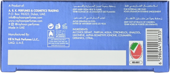 Tył niebieskiego opakowania perfum A.S.K. z listą składników, kodem kreskowym i ikonami recyklingu.