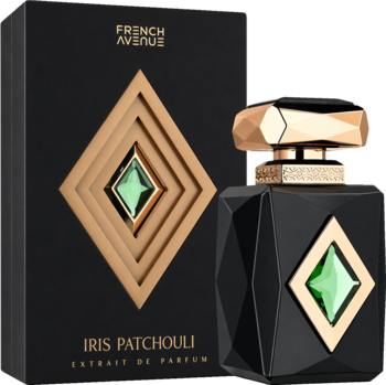 Perfumy French Avenue Iris Patchouli Extrait de Parfum. Czarna, fasetowana butelka i pudełko ze złotymi detalami i zielonym diamentem.