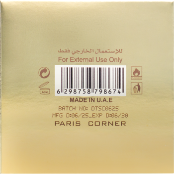 Złote opakowanie perfum Paris Corner, widok z tyłu. Etykieta z kodem kreskowym, datami produkcji i napisem 'For External Use Only'.