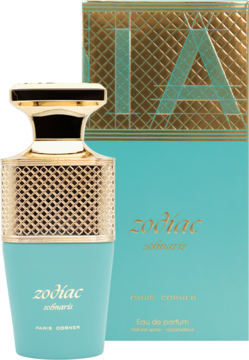 Zodiac Solaris eau de parfum: turkusowy flakon ze złotą kratką, obok pudełka w turkusowo-złote wzory. Widok pod kątem.