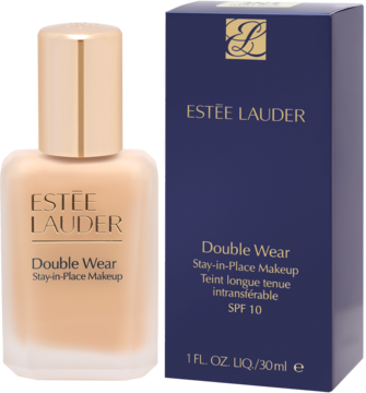 Matujący podkład Estée Lauder Double Wear w beżowej szklanej butelce ze złotą nakrętką i ciemnoniebieskim pudełkiem.