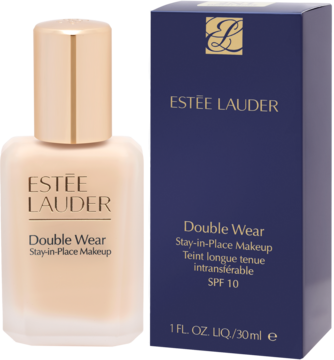 Matujący podkład Estée Lauder Double Wear z SPF 10 w jasnobeżowej butelce i ciemnoniebieskim pudełku, widok z przodu.