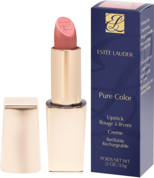 Otwarta pomadka Estée Lauder Pure Color Creme w złotej tubie, odcień różowy nude. Widoczne granatowe pudełko.