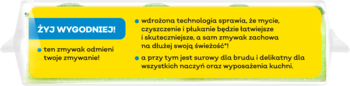 Informacyjny panel Zmywaka Power Fresh: żółte tło, niebieski nagłówek 'ŻYJ WYGODNIEJ!', lista korzyści zmywaka.