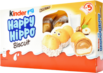 Biało-pomarańczowe opakowanie Kinder Happy Hippo Biscuit, widok z boku, z wafelkami w kształcie hipopotamów z kremem.