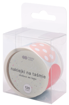 Naklejki Happy Color na taśmie, 120 sztuk z różowymi wzorami, w przezroczystym pudełku, widok z przodu.