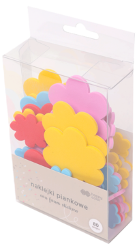 Piankowe naklejki Happy Color, 80 szt. kolorowych kwiatków: żółtych, różowych, czerwonych, niebieskich. Przezroczyste pudełko, widok z przodu.