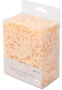 Jasnożółty wypełniacz papierowy (shredded) w przezroczystym pudełku, z etykietą 30g, widok z przodu.