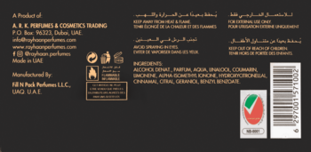 Tył opakowania męskiej wody perfumowanej Rayhaan Elixir z listą składników, danymi producenta i kodem kreskowym.