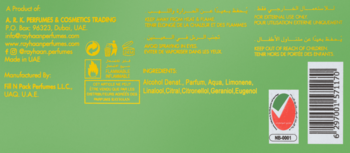 Tył opakowania wody perfumowanej Rayhaan Pacific Aura: zielona etykieta z żółtymi napisami, składem, kodem kreskowym.