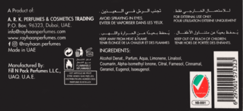 Czarna etykieta perfum Rayhaan Obsidian, z listą składników, producentem i kodem kreskowym, widok z tyłu.