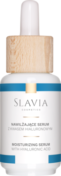 Slavia Cosmetics nawilżające serum z kwasem hialuronowym, biała butelka z drewnianym korkiem-pipetą, widok z przodu.