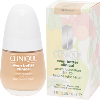 Beżowy podkład serum Clinique Even Better Clinical SPF 20 w butelce z pompką i pudełku, widok z przodu.