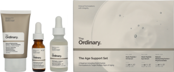 Zestaw The Ordinary Age Support Set: beżowy cleanser, serum Resveratrol i Hyaluronic Acid w butelkach.