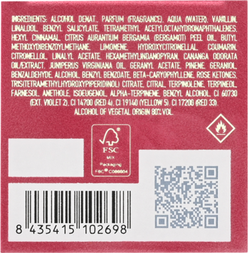 Różowy tył opakowania perfumowanej wody dla kobiet, ze składnikami, kodem kreskowym i symbolami FSC i QR.