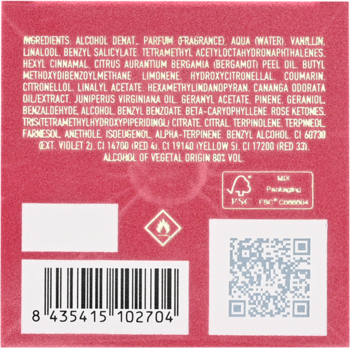 Tył różowego opakowania wody perfumowanej dla kobiet ze spisem składników, kodem kreskowym i QR kodem.