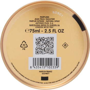 Spód męskich perfum JPG Le Male Elixir Absolu 75ml, złoty, z kodem kreskowym i QR.