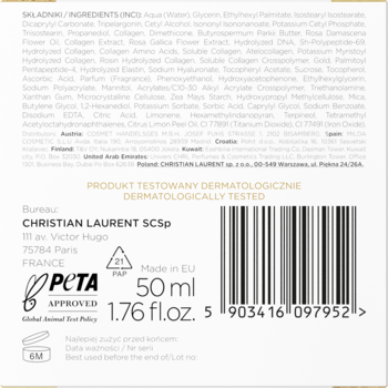 Tył opakowania multikolagenowego kremu przeciwzmarszczkowego Christian Laurent 50ml, z logo PETA.