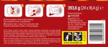 Tył czerwonego opakowania kapsułek MILL 24szt. Widoczne instrukcje, waga 393,6g i dane producenta Maspex.