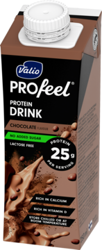 Valio PROfeel protein drink czekoladowy 25g, bez cukru i laktozy, w brązowym kartonie, widok z przodu.