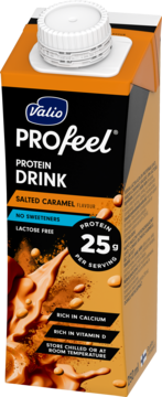 Valio PROfeel Protein Drink Salted Caramel, czarny karton z białym korkiem, 25g białka, bez laktozy i słodzików, widok pod kątem.