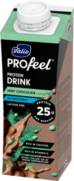 Valio PROfeel Mint Chocolate protein drink, black carton, 25g protein, lactose-free, no sweeteners, front.