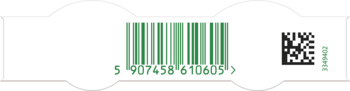 Biała etykieta produktu z zielonym kodem kreskowym (5907458610609), kodem QR i zielonym numerem 12345678, widok z przodu.