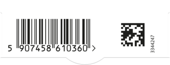 EAN-13 barcode 5907458610360 i kwadratowy kod 2D Data Matrix 3344247 na białej etykiecie.