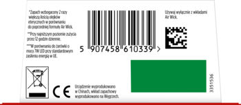 Tył opakowania produktu z kodem kreskowym, kodem QR, polskimi ostrzeżeniami i symbolami CE i recyklingu.