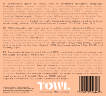 Tył opakowania jednorazowych ręczników TOWL. Pomarańczowe tło, białe logo, czarne teksty i kod kreskowy.