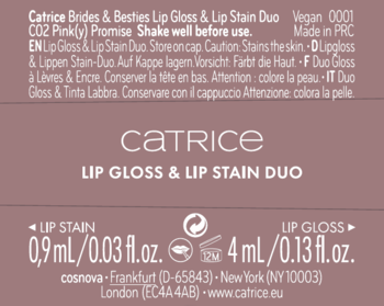 Tył różowego opakowania Catrice Brides & Besties Lip Duo: tint 0,9ml, błyszczyk 4ml, napisy.