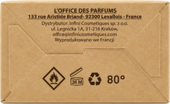 Tył brązowego opakowania kartonowego perfum Style Paris Perfume Stories, z danymi producenta i symbolami.