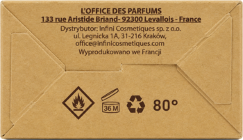 Tył brązowego, kartonowego opakowania perfum Style Paris Perfume Stories z polskimi danymi dystrybutora i symbolami.