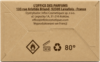 Spód brązowego opakowania perfum L'OFFICE DES PARFUMS z ikonami ostrzegawczymi i informacjami producenta.