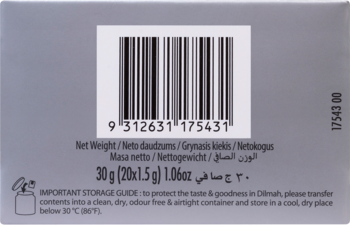 Tył szarego opakowania herbaty Dilmah Earl Grey i Cynamon, kod kreskowy, instrukcje i waga 30g.