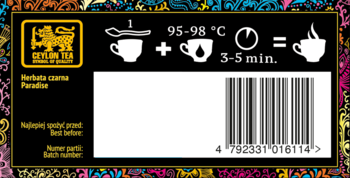 Tył opakowania czarnej herbaty Ceylon Coconut Tea Paradise z instrukcją parzenia.