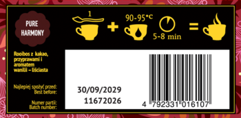 Tył ciemnego opakowania herbaty Rooibos z kakao, przyprawami, instrukcją parzenia i kodem kreskowym.