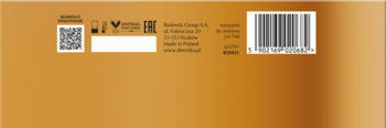 Tył brązowego opakowania kosmetyku ETERNAL. Widoczny kod QR, kreskowy, symbol EAC i 'Made in Poland'.