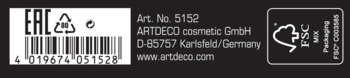 Etykieta Artdeco Beauty Box z kodem kreskowym, numerem Art. 5152, danymi firmy i logo FSC na czarnym tle.