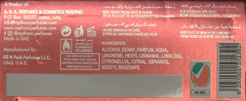 Tył czerwonego opakowania perfum Rayhaan Pacific Aloha z listą składników, ostrzeżeniami i danymi producenta.